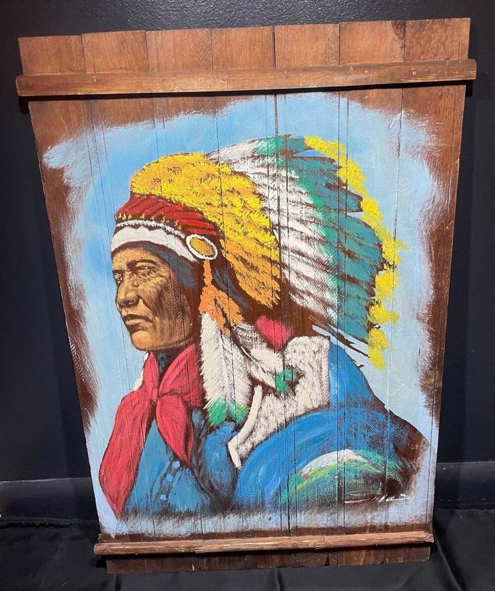 Vintage Native American Chief Portrait Painting on Rustic Wood Planks